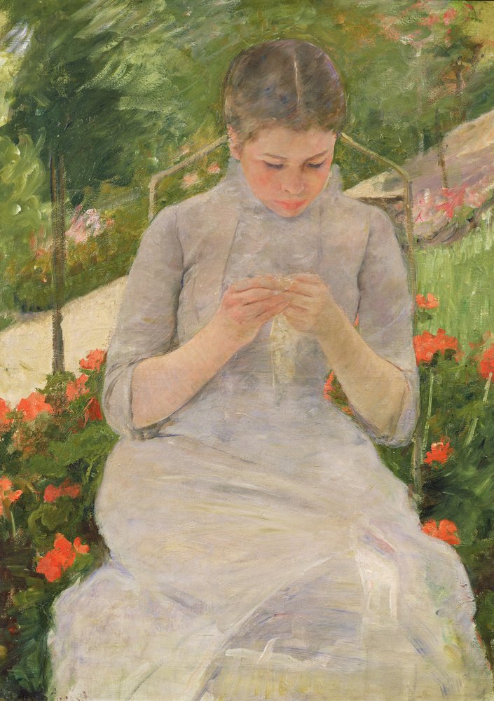 庭で縫う若い女性、1880〜82年頃